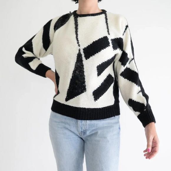 Vintage  Liana Petites Black & Cream Geometric Shapes Knit Crewneck Sweater S - Picture 1 of 13